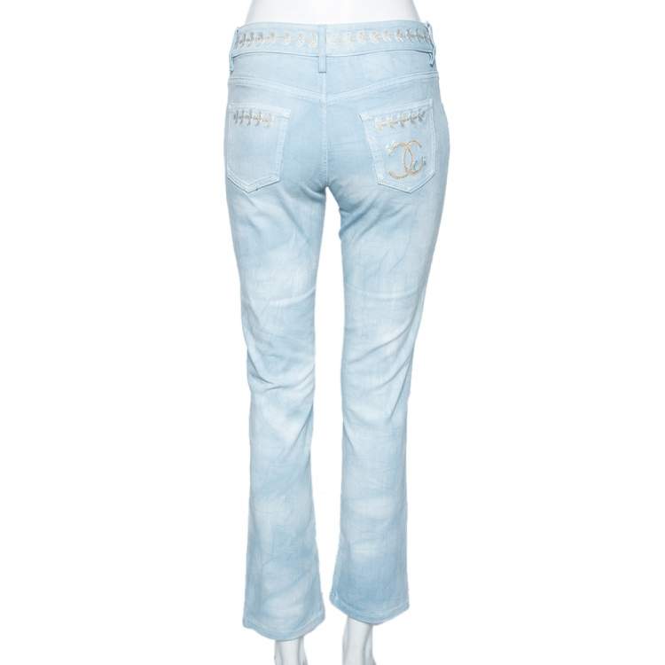 Pre Owned Chanel Indigo Light Wash Denim Embroidered Jeans S
