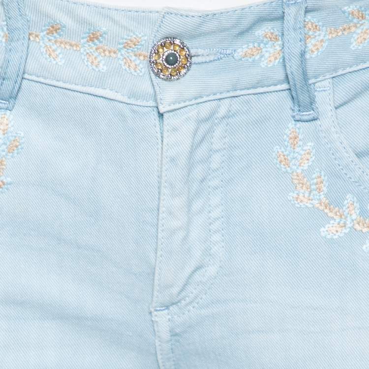 Pre Owned Chanel Indigo Light Wash Denim Embroidered Jeans S