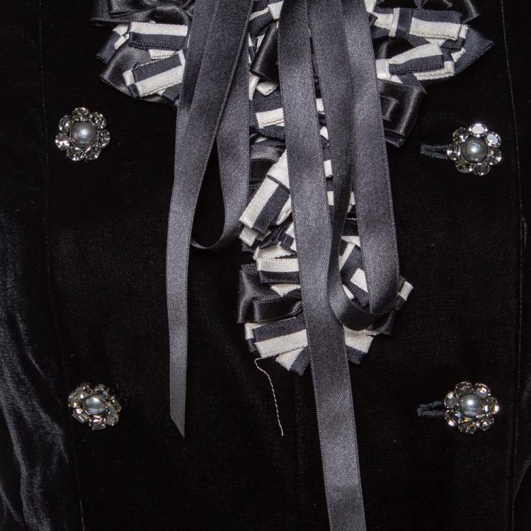 Pre Owned Chanel Black Velvet Ribbon Trimmed Double Breasted Jacket M