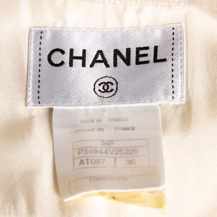 Pre Owned Chanel Cream Textured Silk Bow Detailed Button Front Short Dress S 