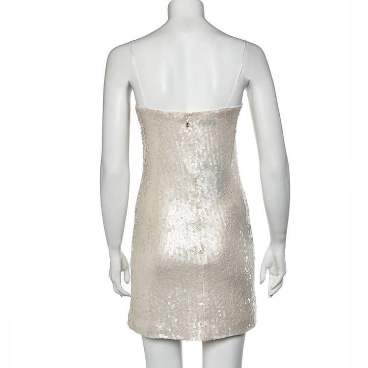 Pre Owned Chanel Cream Sequined Silk Cami Dress S