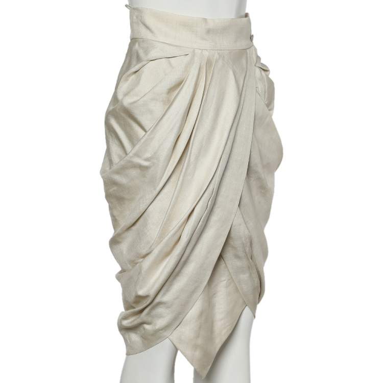 Pre Owned Chanel Beige Silk Draped Knee Length Skirt S
