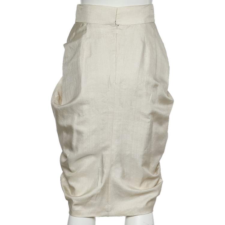 Pre Owned Chanel Beige Silk Draped Knee Length Skirt S