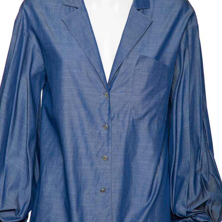 Pre Owned Chanel Blue Cotton Button Front Oversize Blouse M