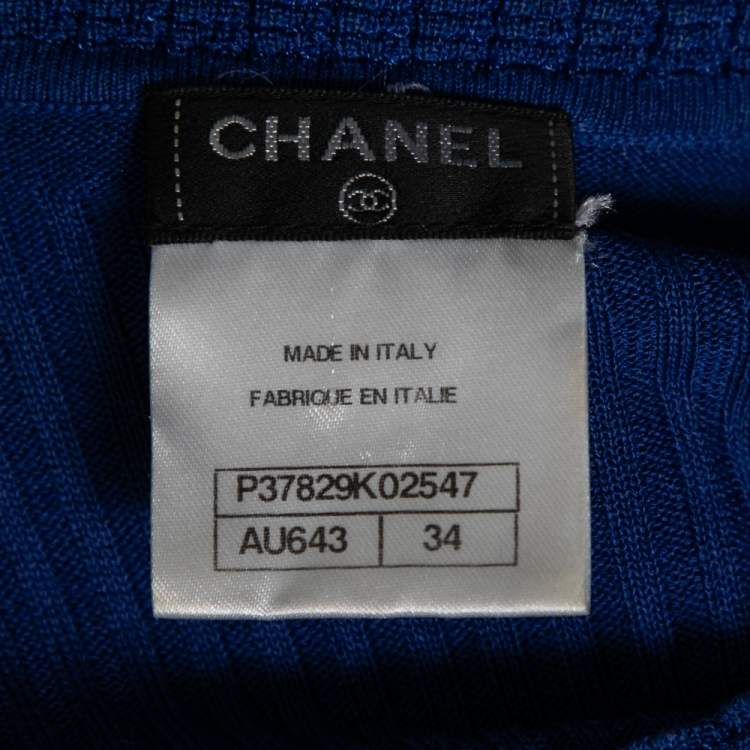 Pre Owned Chanel Blue Knit Logo Detailed Dress & Button Front Long Cardigan Set S 