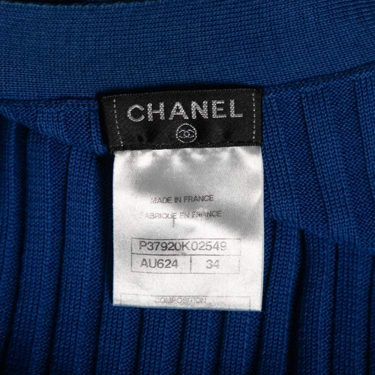 Pre Owned Chanel Blue Knit Logo Detailed Dress & Button Front Long Cardigan Set S 