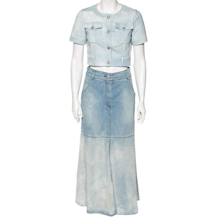 Pre Owned Chanel Blue Light Wash Denim Button Front Top & Midi Skirt Set S/M