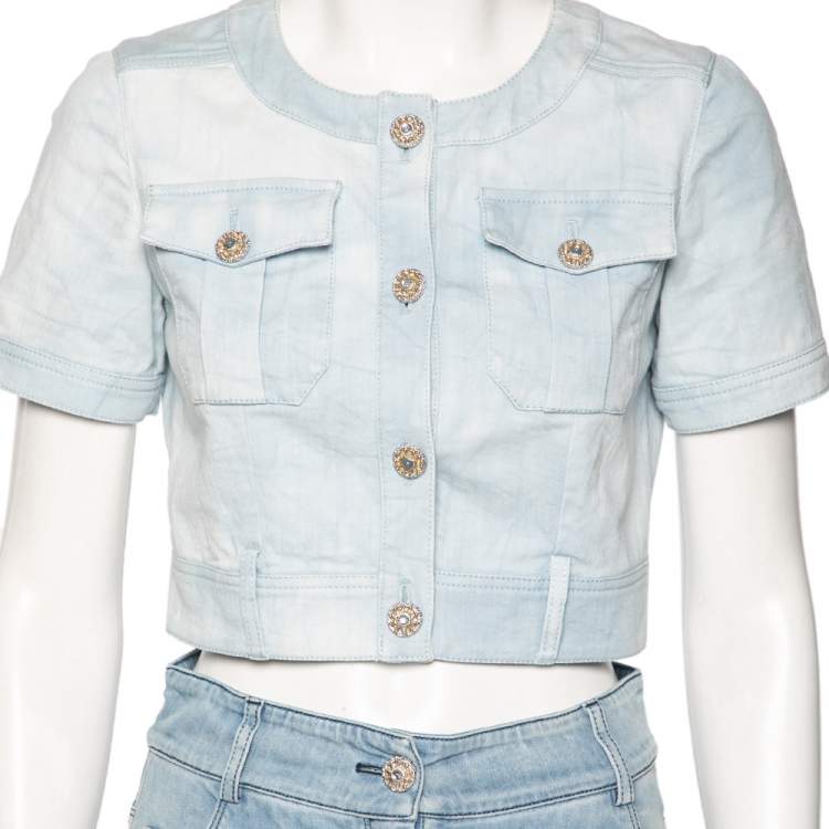 Pre Owned Chanel Blue Light Wash Denim Button Front Top & Midi Skirt Set S/M