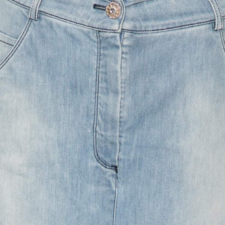 Pre Owned Chanel Blue Light Wash Denim Button Front Top & Midi Skirt Set S/M