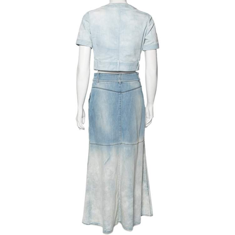 Pre Owned Chanel Blue Light Wash Denim Button Front Top & Midi Skirt Set S/M