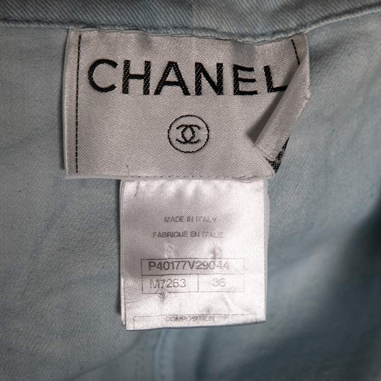 Pre Owned Chanel Blue Light Wash Denim Button Front Top & Midi Skirt Set S/M