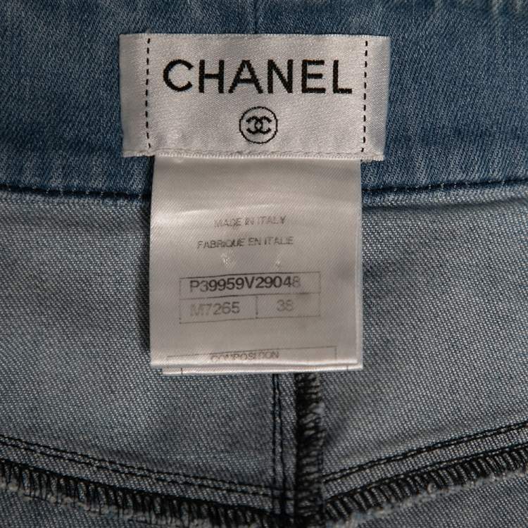 Pre Owned Chanel Blue Light Wash Denim Button Front Top & Midi Skirt Set S/M