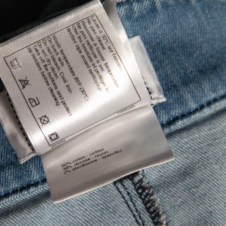 Pre Owned Chanel Blue Light Wash Denim Button Front Top & Midi Skirt Set S/M