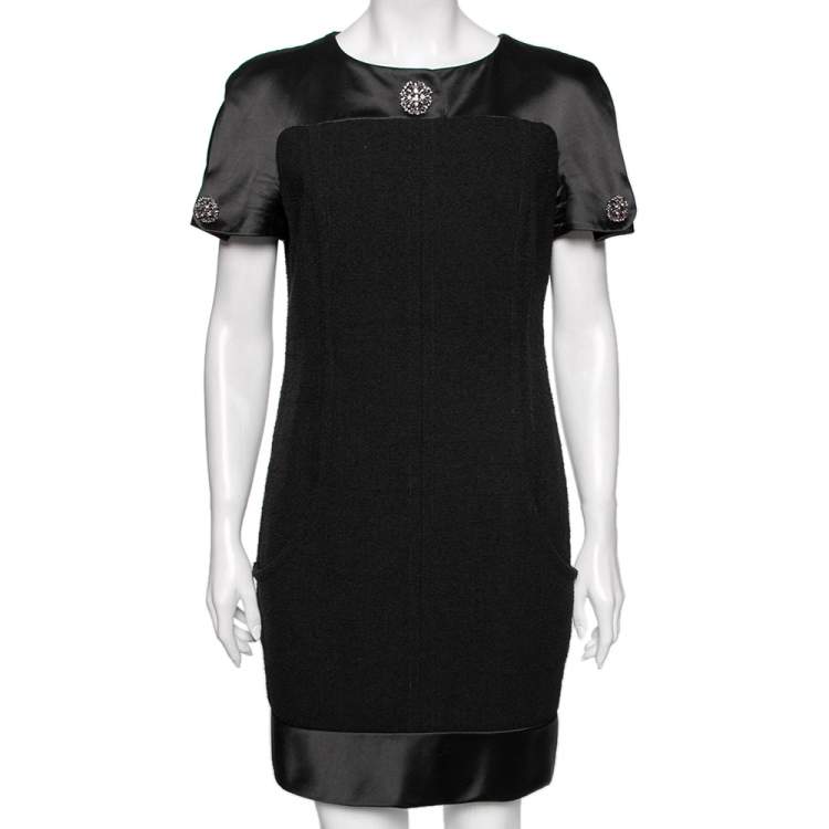 Pre Owned Chanel Black Sateen & Boucle Paneled Mini Dress L