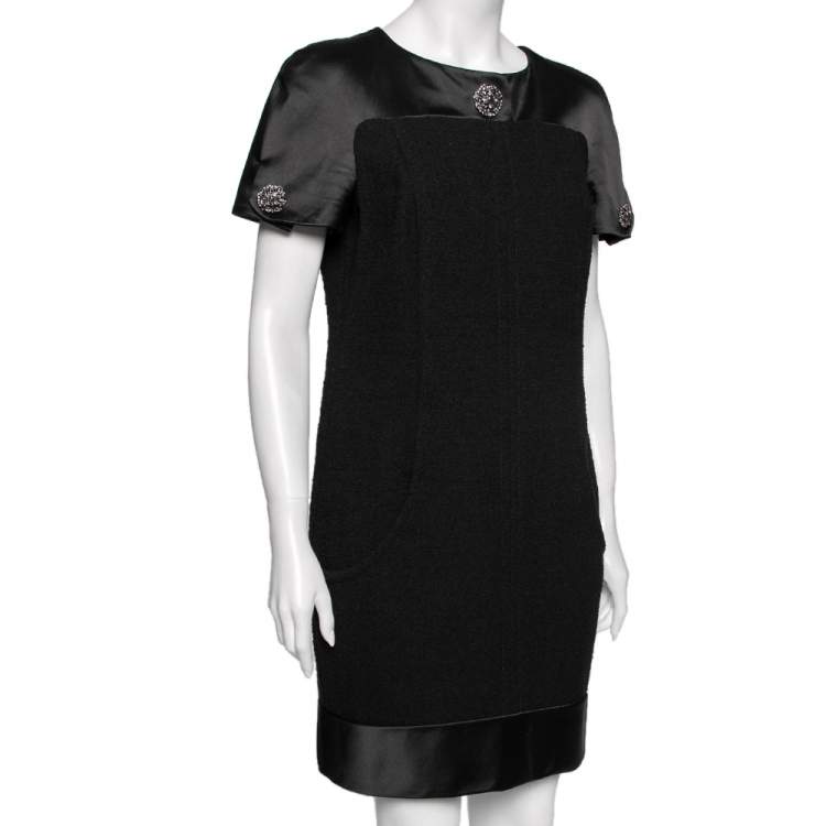 Pre Owned Chanel Black Sateen & Boucle Paneled Mini Dress L