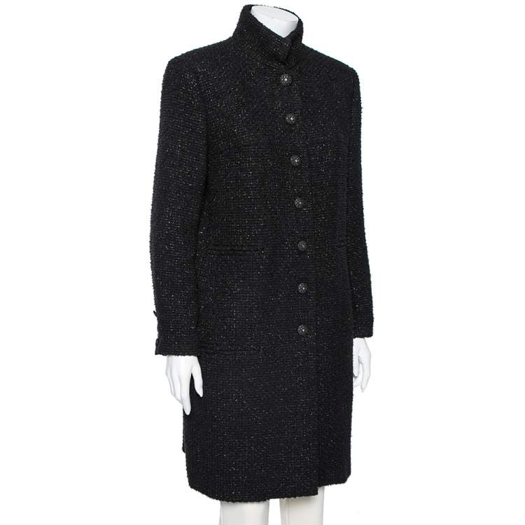 Pre Owned Chanel Black Speckled Cotton Long Sleeve Coat L