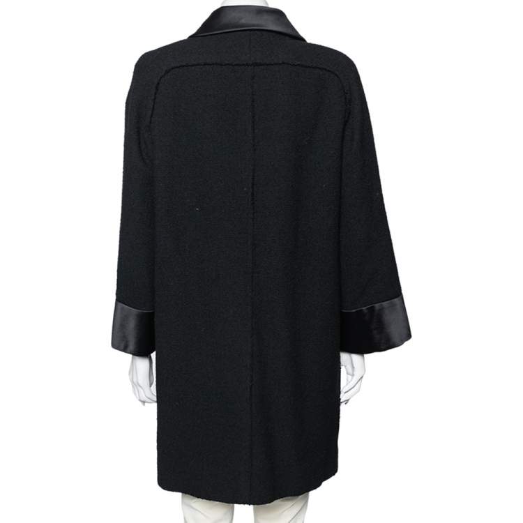 Pre Owned Chanel Black Wool & Satin Trimmed Pocketed Cape Coat L