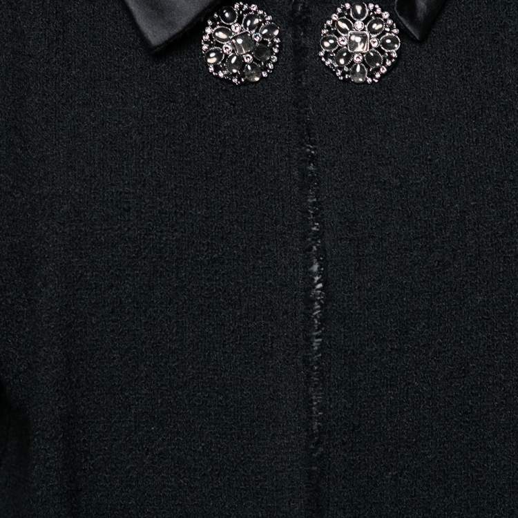 Pre Owned Chanel Black Wool & Satin Trimmed Pocketed Cape Coat L