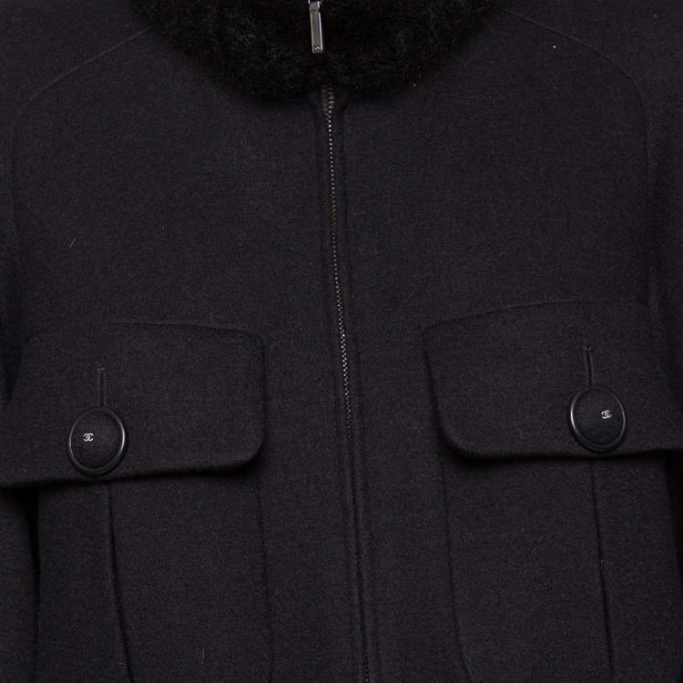 Pre Owned Chanel Black Wool & Mohair Zip Front Coat S