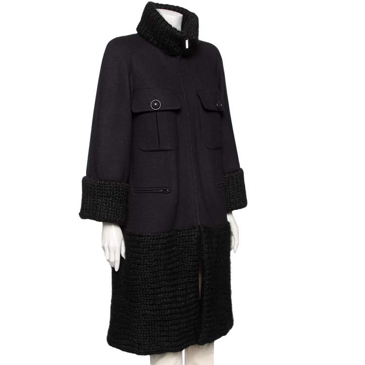 Pre Owned Chanel Black Wool & Mohair Zip Front Coat S