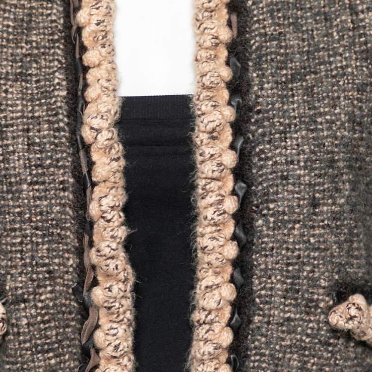 Pre Owned Chanel Brown Wool & Camel Braided Leather Trimmed Open Front Jacket M