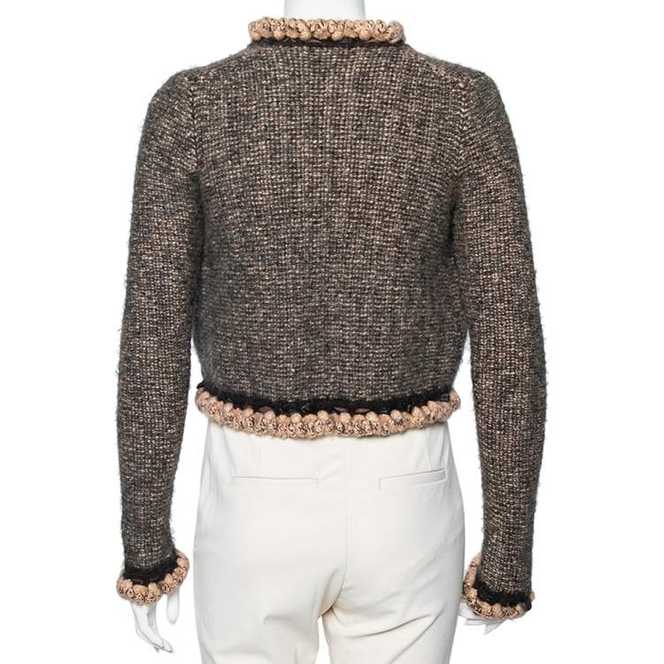 Pre Owned Chanel Brown Wool & Camel Braided Leather Trimmed Open Front Jacket M