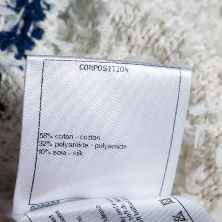 Pre Owned Chanel Off White & Blue Boucle Button Front Varsity Cardigan L