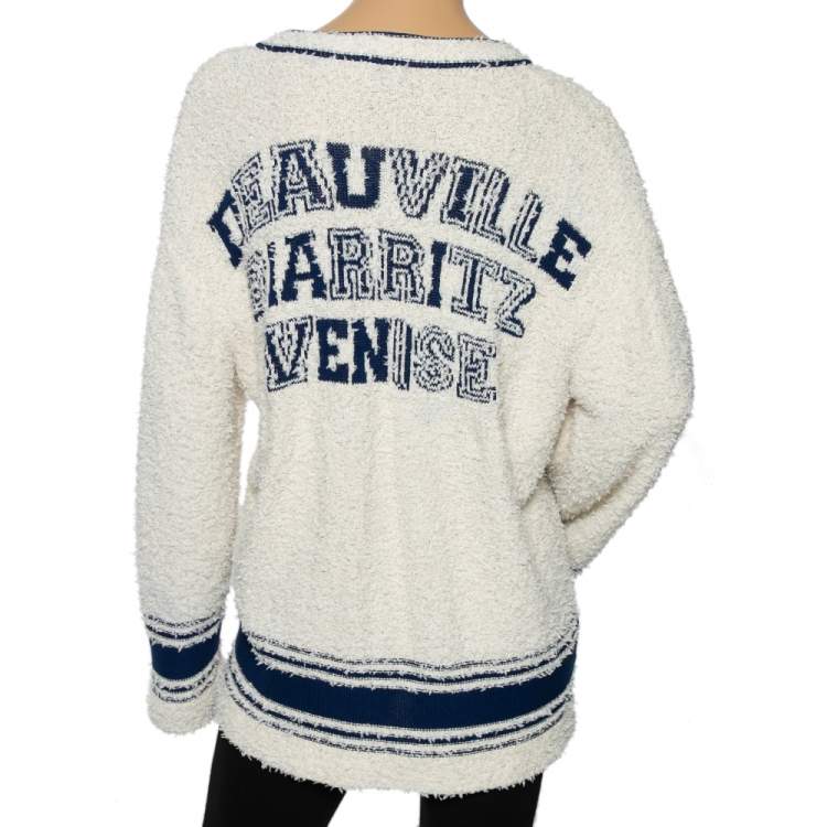 Pre Owned Chanel Off White & Blue Boucle Button Front Varsity Cardigan L