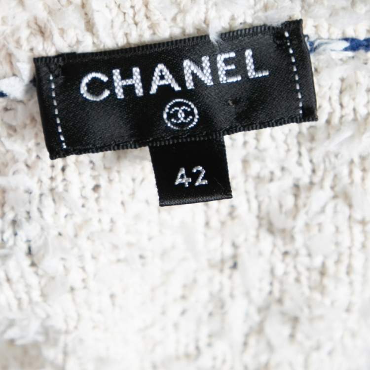 Pre Owned Chanel Off White & Blue Boucle Button Front Varsity Cardigan L