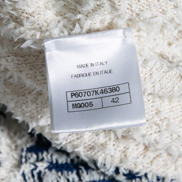 Pre Owned Chanel Off White & Blue Boucle Button Front Varsity Cardigan L
