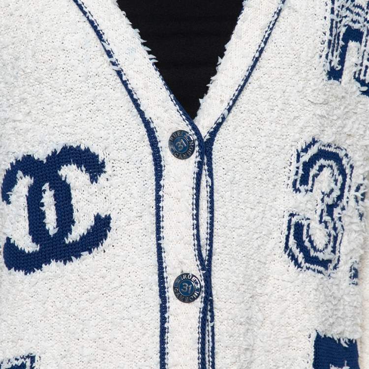 Pre Owned Chanel Off White & Blue Boucle Button Front Varsity Cardigan L