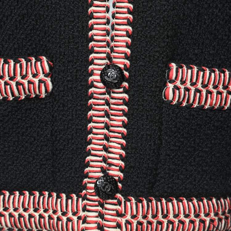 Pre Owned Chanel Boutique Vintage Black Wool Tweed Contrast Trim Button Front Jacket L