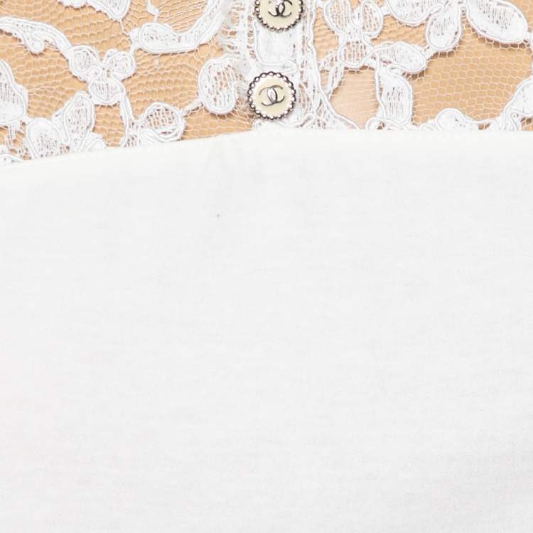 Pre Owned Chanel Off White Cotton & Lace Long Sleeve Top M