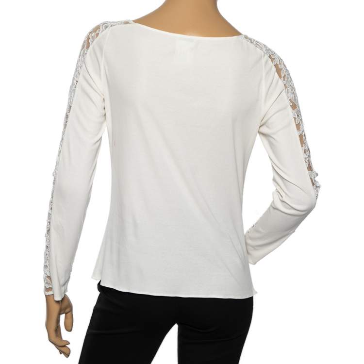 Pre Owned Chanel Off White Cotton & Lace Long Sleeve Top M