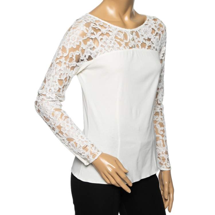 Chanel Off White Cotton & Lace Long Sleeve Top M Chanel