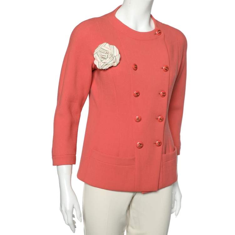 Pre Owned Chanel Boutique Pink Textured Wool Double Breasted Jacket L