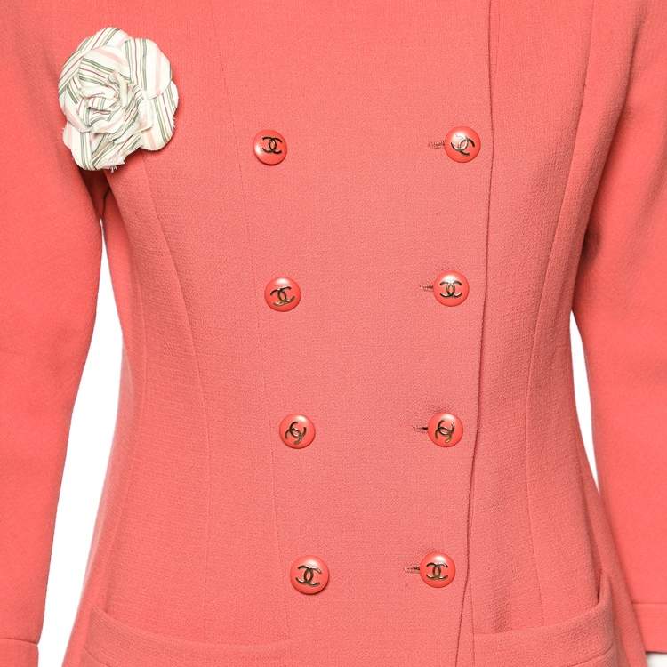 Pre Owned Chanel Boutique Pink Textured Wool Double Breasted Jacket L