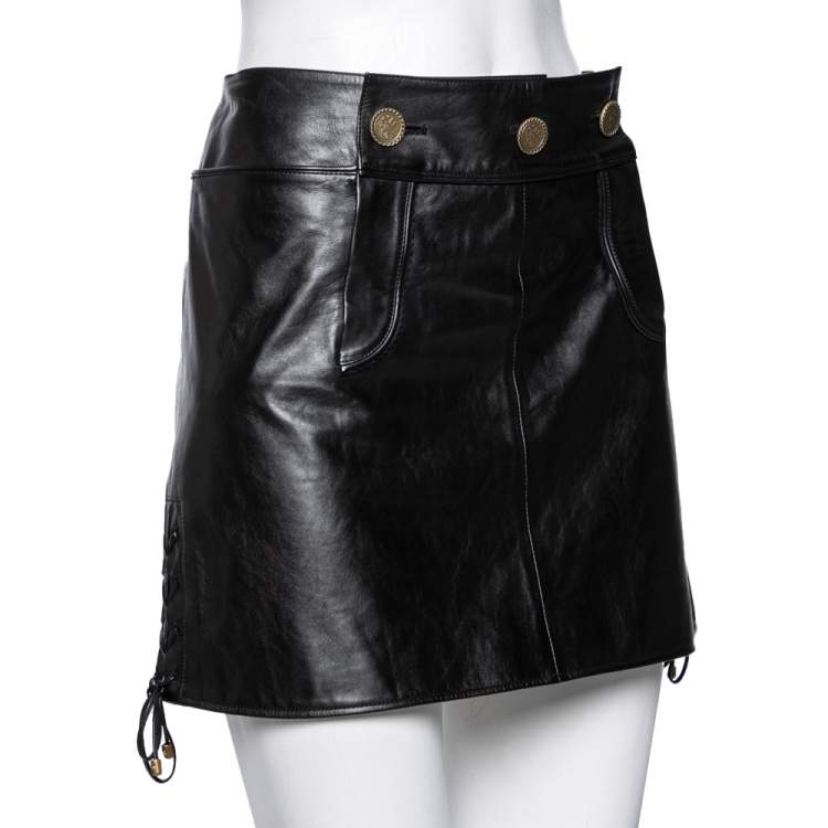 Pre Owned Chanel Black Leather Lace Up Detailed Short Skirt M
