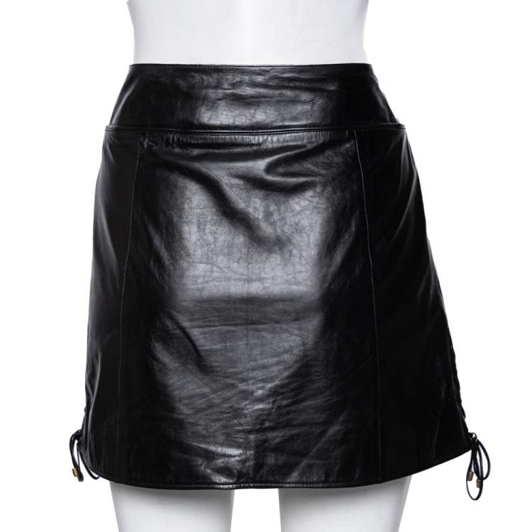 Pre Owned Chanel Black Leather Lace Up Detailed Short Skirt M
