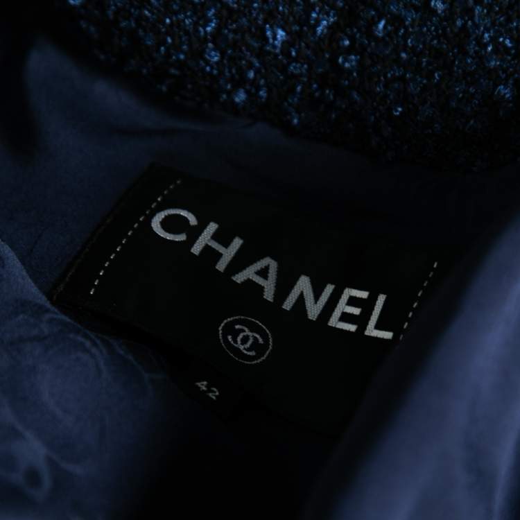 Pre Owned Chanel Navy Blue Boucle Open Front Coat L