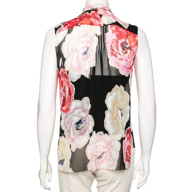 Pre Owned Chanel Multicolor Floral Print Silk Pleated and Button Front Sleeveless Top M