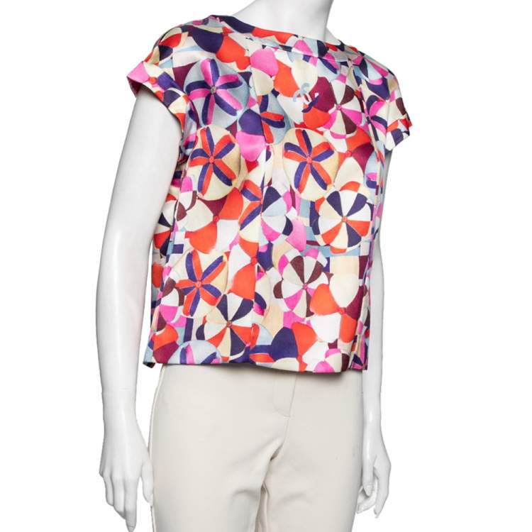 Pre Owned Chanel Multicolor Floral Printed Silk Button Front Blouse M