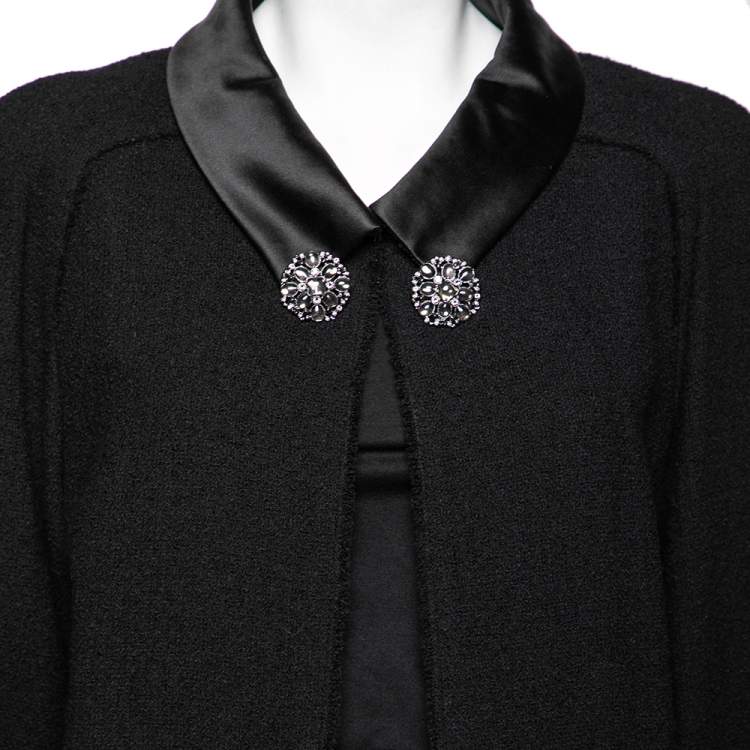 Pre Owned Chanel Black Textured Wool & Satin Trimmed Cape Coat M