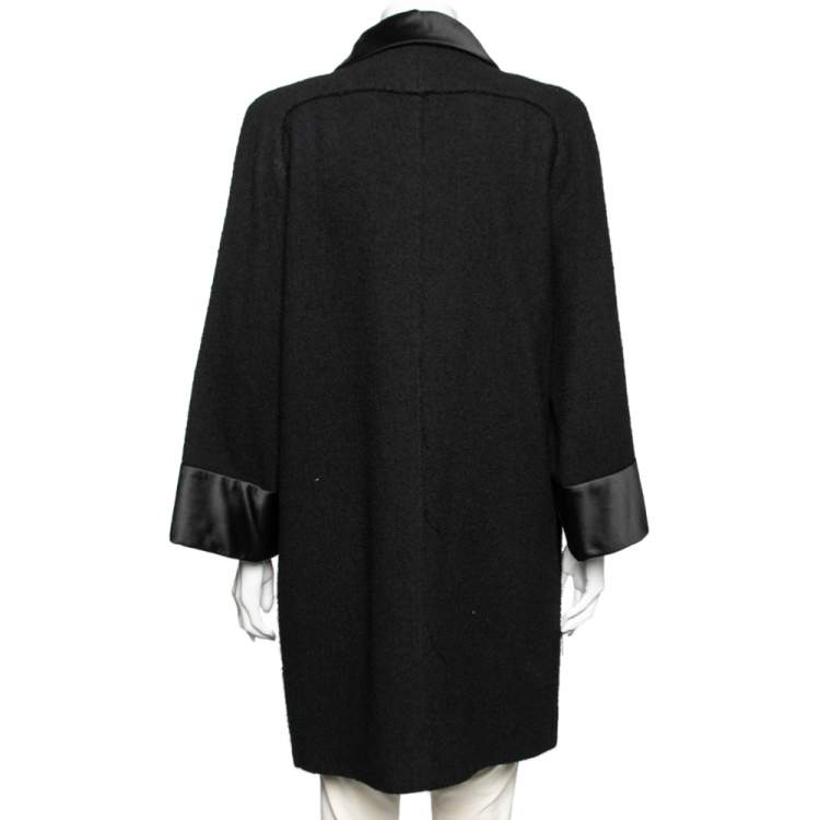 Pre Owned Chanel Black Textured Wool & Satin Trimmed Cape Coat M