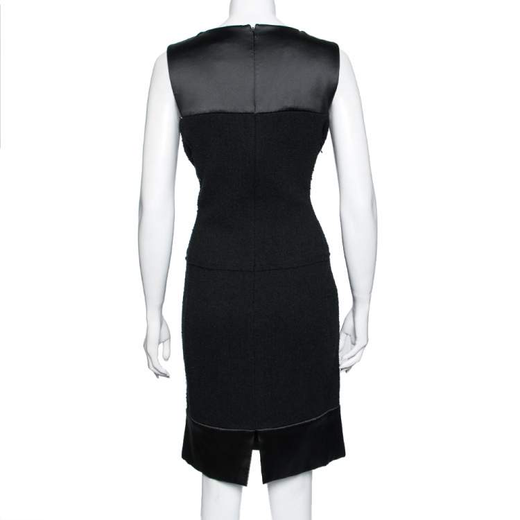 Pre Owned Chanel Black Textured Wool & Silk Trimmed Sleeveless Dress M
