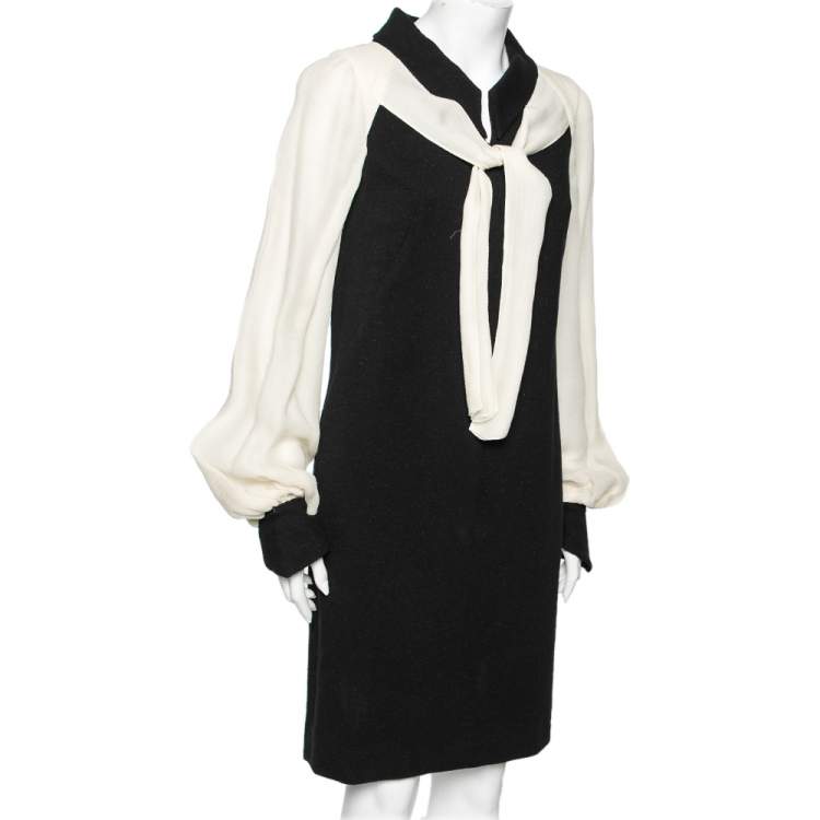 Chanel Black Cotton & Silk Inset Neck Tie Detailed Dress M Chanel