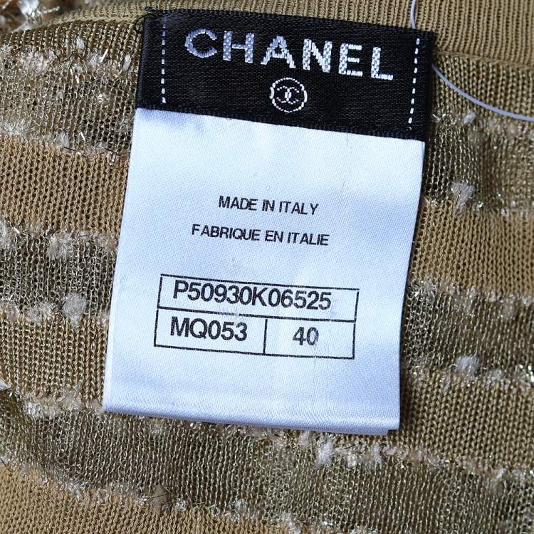 Pre Owned Chanel Gold Lurex Knit Bead Embellished Hook Front Cardigan M