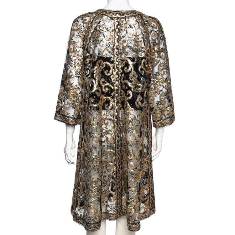 Pre Owned Chanel Gold & Black Embroidered Mohair Open Front Lightweight Coat M 