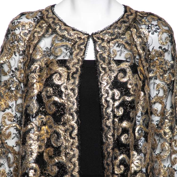 Pre Owned Chanel Gold & Black Embroidered Mohair Open Front Lightweight Coat M 