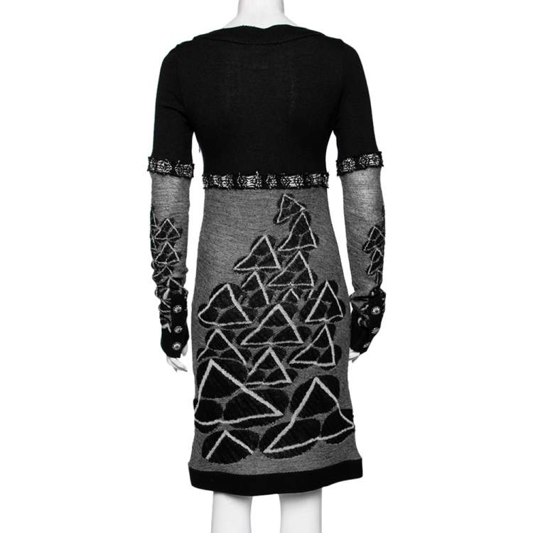 مملوكة مسبقًا Chanel Monochrome Jacquard Wool Long Sleeve Sheath Dress M